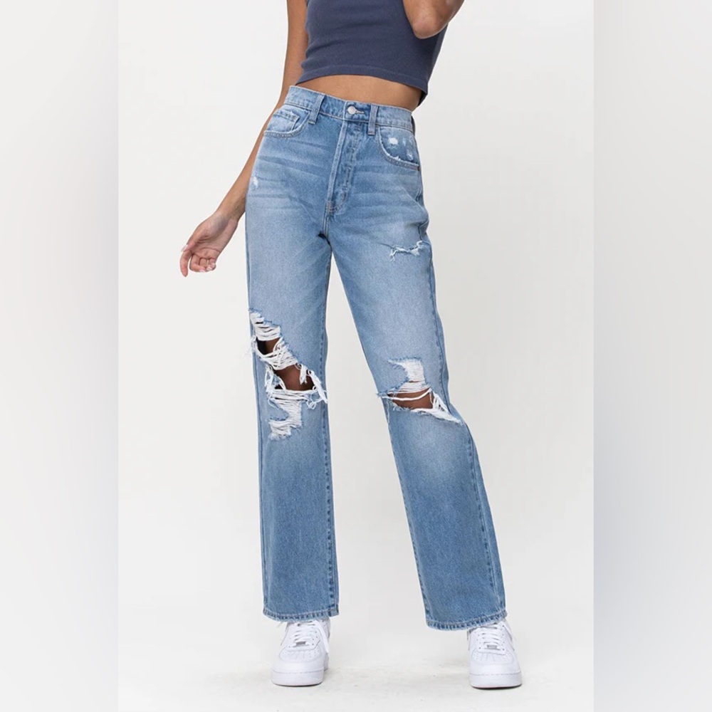 Cello (5) Dad Jeans: High Rise Distressed Light/Medium Wash Button Fly Denim
